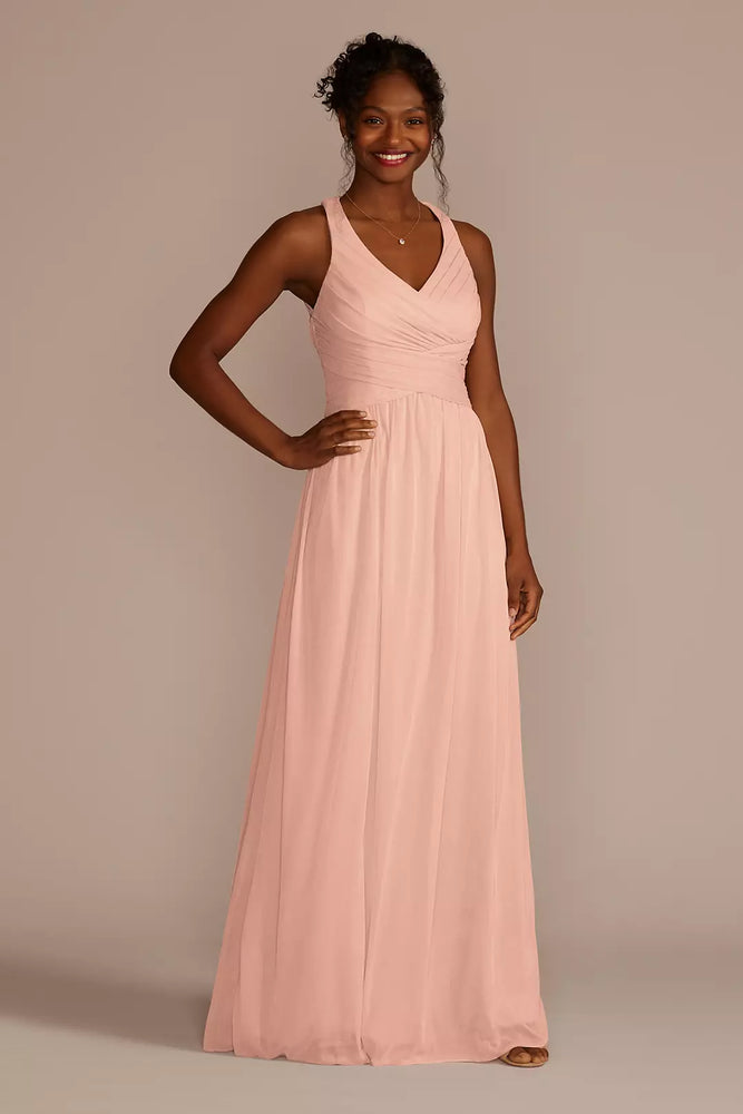 Mesh Long Bridesmaid Dress with Crisscross Back - Pink