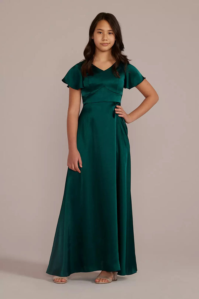 Charmeuse Flutter Sleeve Junior Bridesmaid Dress - Green