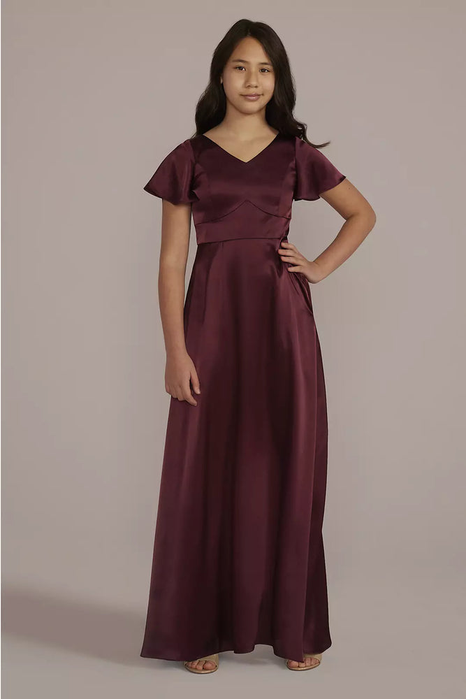 Charmeuse Flutter Sleeve Junior Bridesmaid Dress - Red