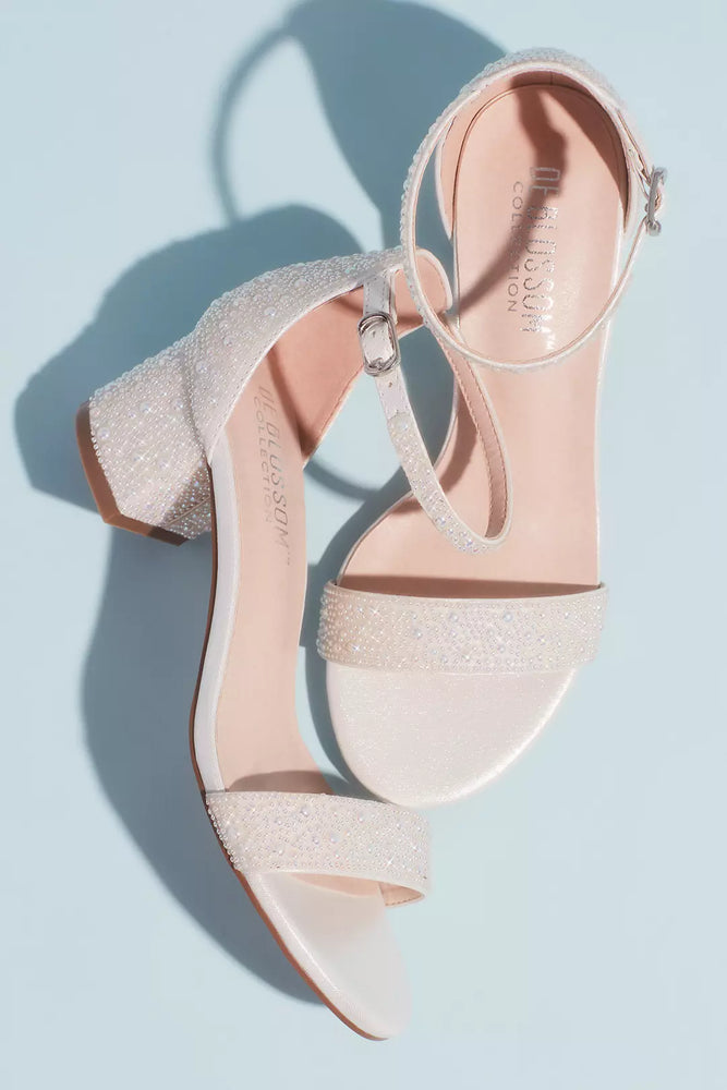 Allover Iridescent Pearl Low Block Heel Sandals - White