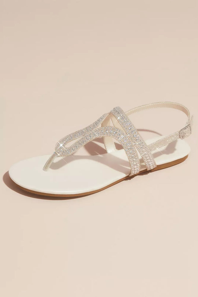 Crystal Embellished Glitter Flat Sandals - Ivory