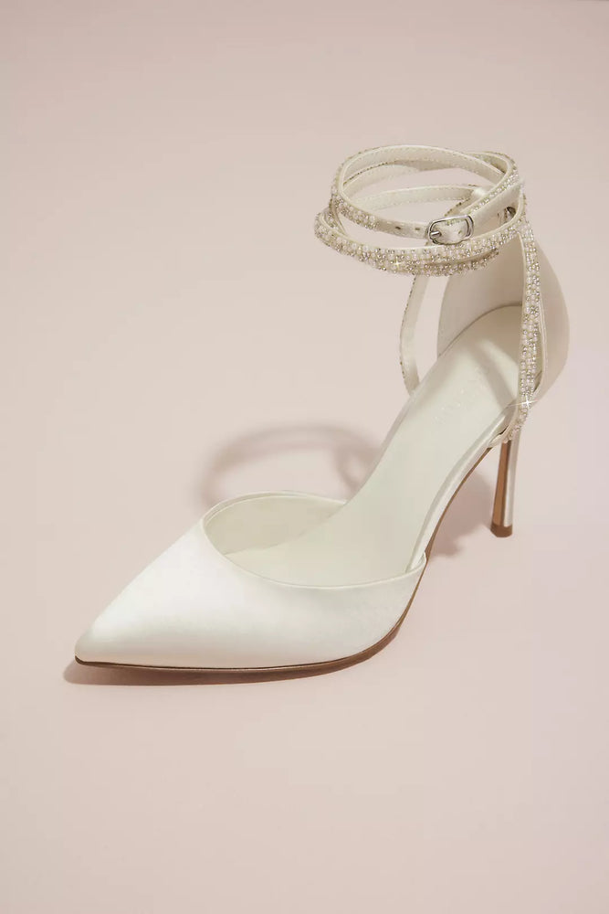 Pearl and Crystal Ankle-Wrap Satin Pumps - Ivory