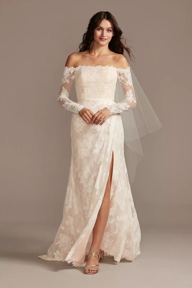 Large Floral Lace Long Sleeve Wedding Dress - Ivory