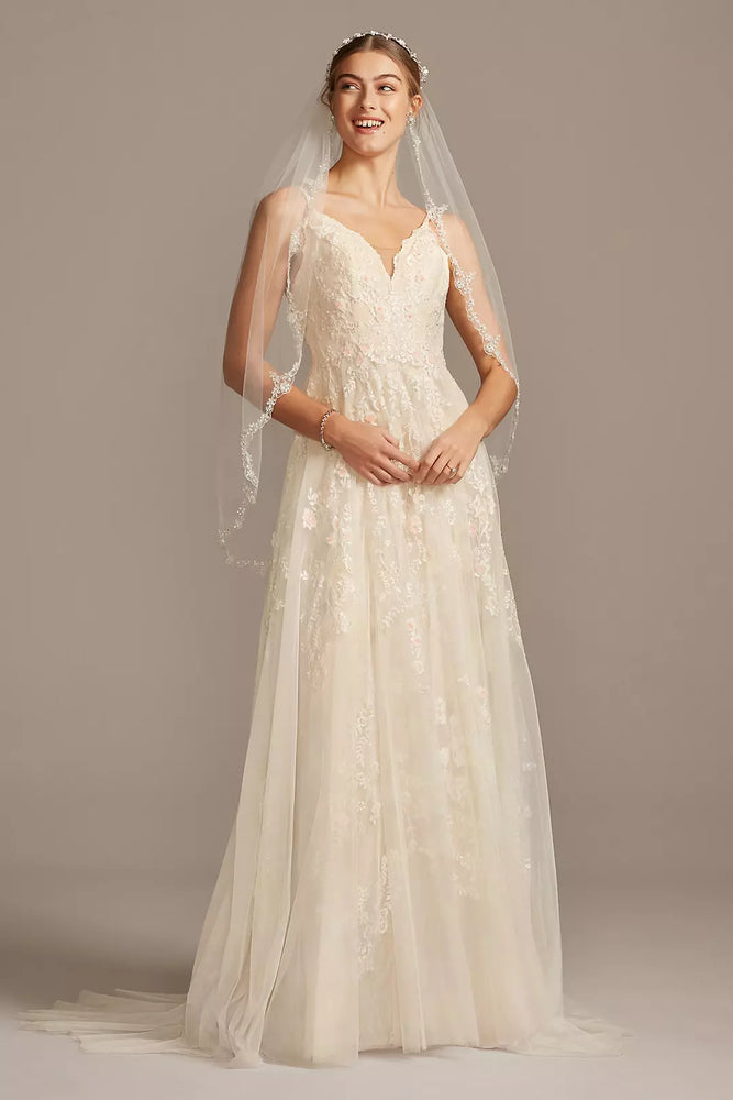 A-Line Wedding Dress with Double Straps - Beige,Ivory