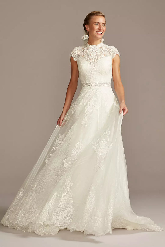 Embroidered Illusion Mock Neck Wedding Dress - Ivory