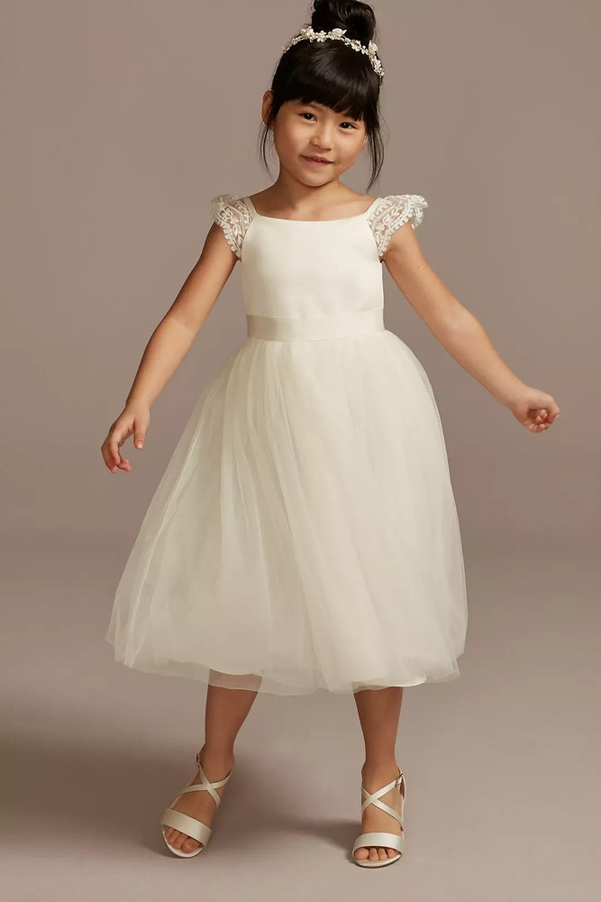 Crochet Cap Sleeve Ruffle Flower Girl Dress - Ivory