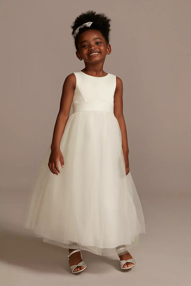 Satin Flower Girl Dress with Tulle Skirt - Ivory