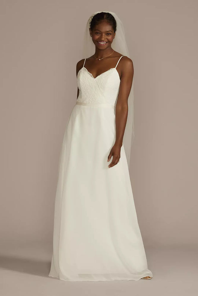 Scalloped V-Neck Corded Lace Bodice A-Line Dress - Ivory