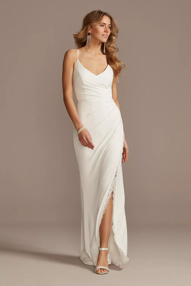 Ruched Skinny Strap Dress with Lace Slit - Ivory