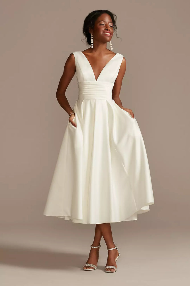 Satin V-Neck Tea Length A-Line Dress - Ivory