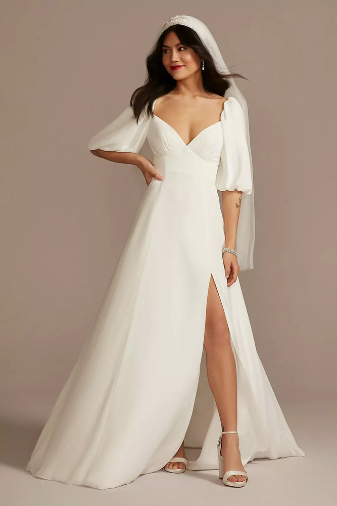 Bubble Sleeve Georgette V-Neck Wedding Dress - Ivory