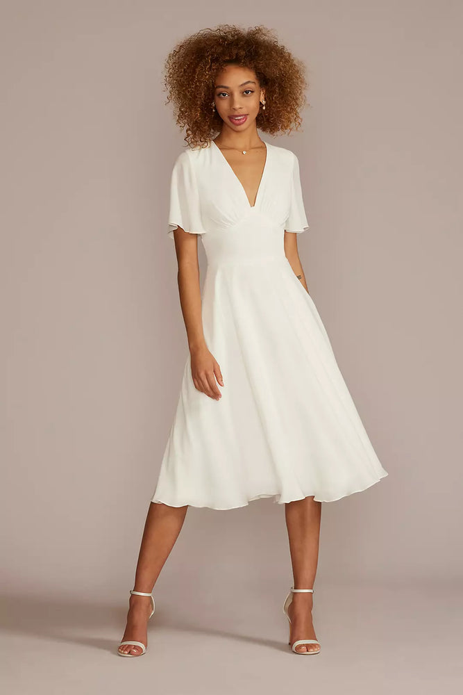 Chiffon Flutter Sleeve Midi-Length Dress - Ivory