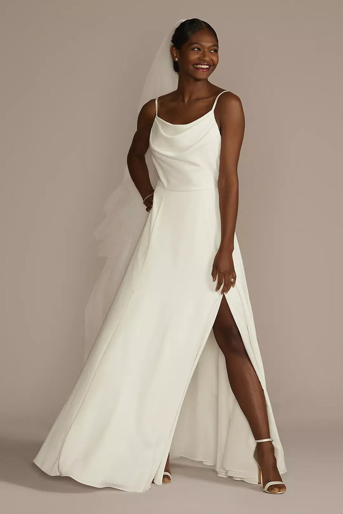 Cowl Neck Crepe Scoop Back A-Line Wedding Dress - Ivory