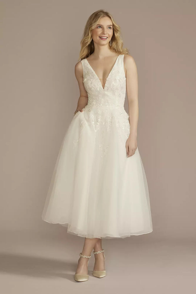 Tea-Length Plunging Neckline Lace Wedding Dress - Ivory