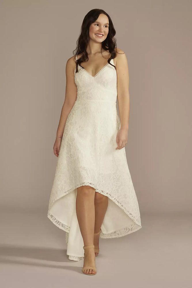 High-Low Lace Spaghetti Strap V-Neck Wedding Dress - Ivory