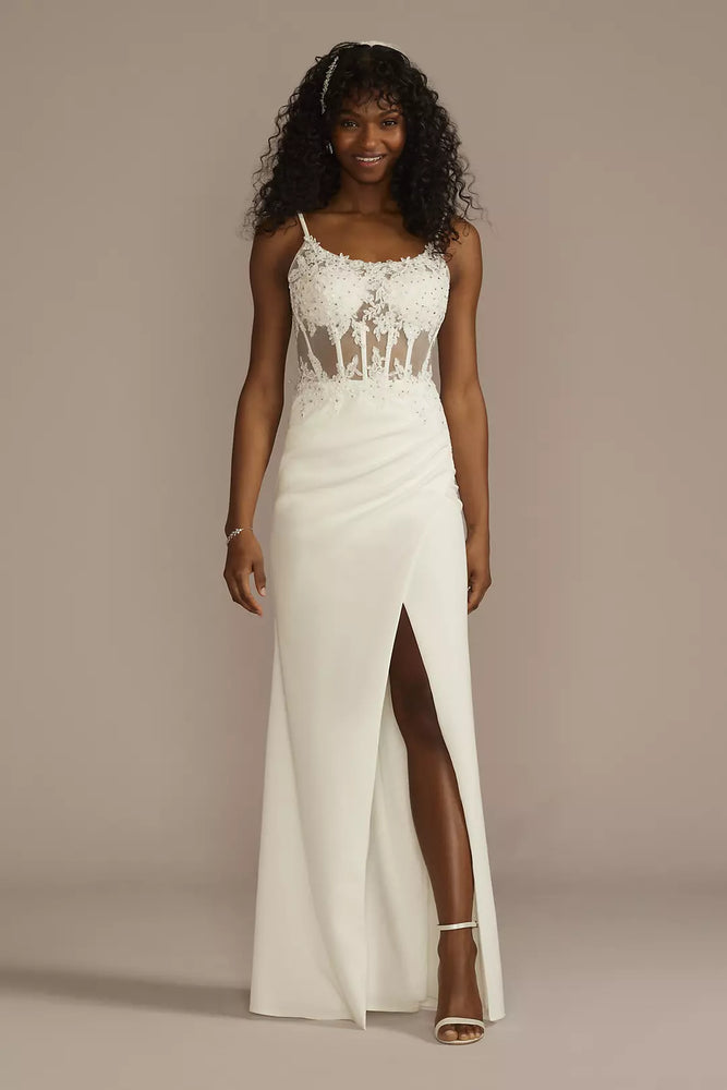 Illusion Corset Crepe Sheath Wedding Dress - Ivory