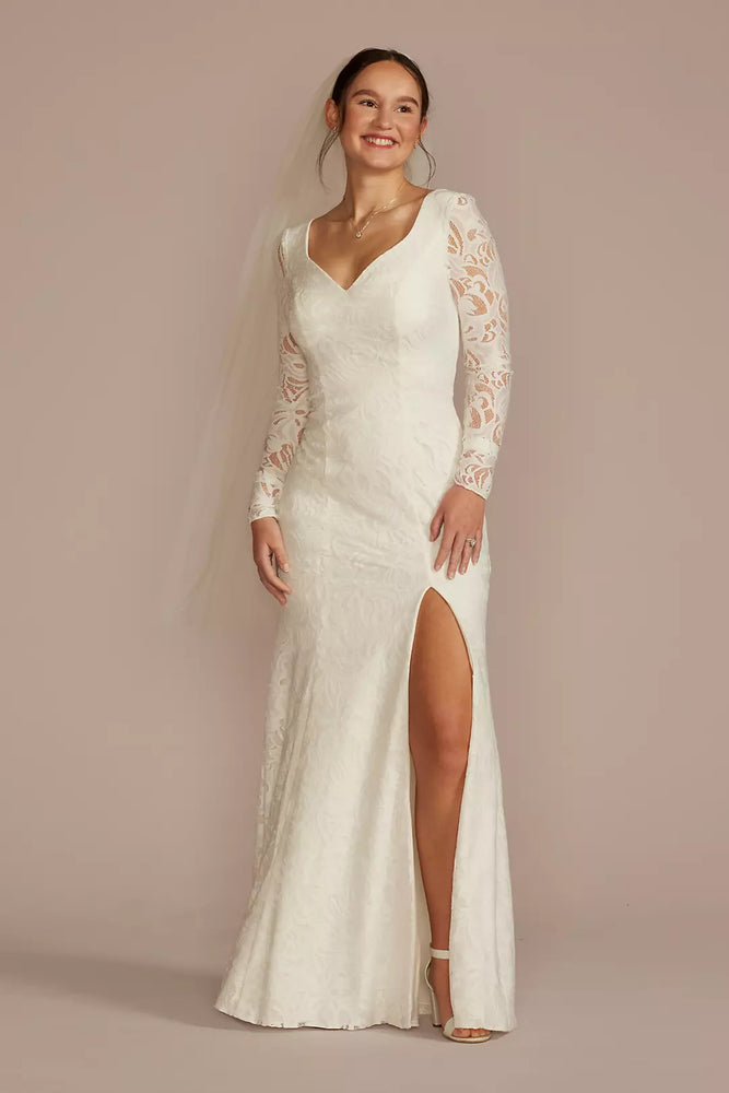 Long Sleeve Lace Scoop Back Sheath Wedding Dress - Ivory