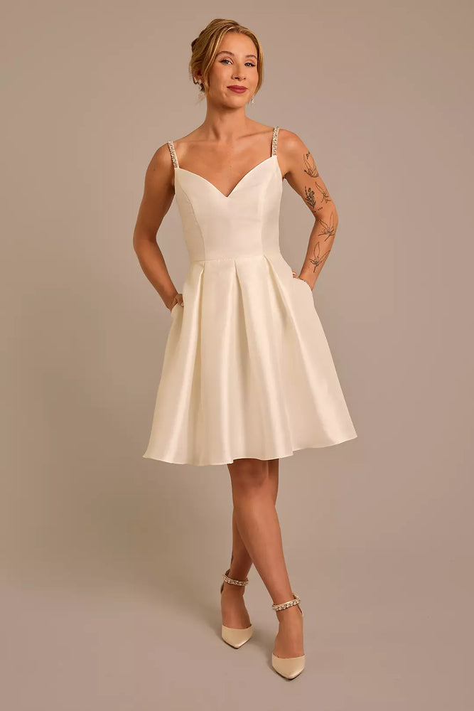 Mikado Short Dress with Crystal Straps - Ivory