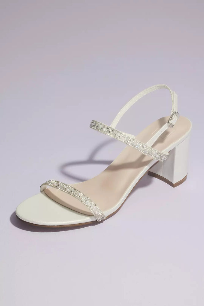 Two Strap Pearl and Crystal Block Heel Sandals - White