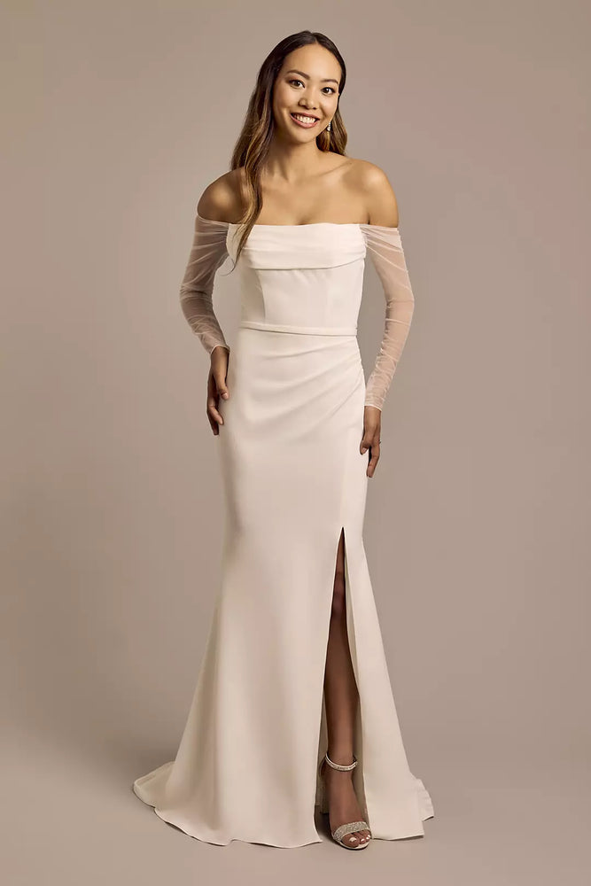 Stretch Crepe Cowl Long-Sleeve Wedding Dress - Ivory