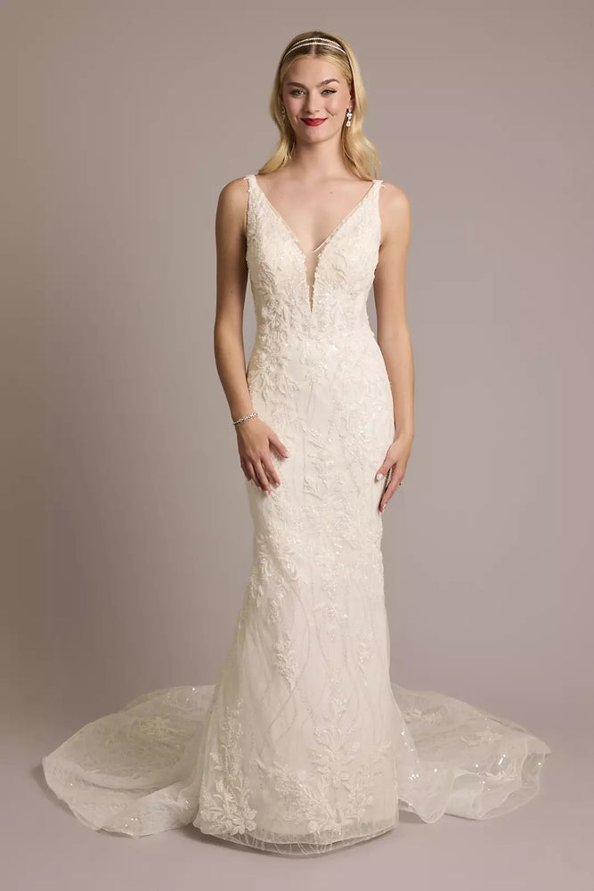 Beaded Plunging Tank Mermaid Wedding Dress - Ivory