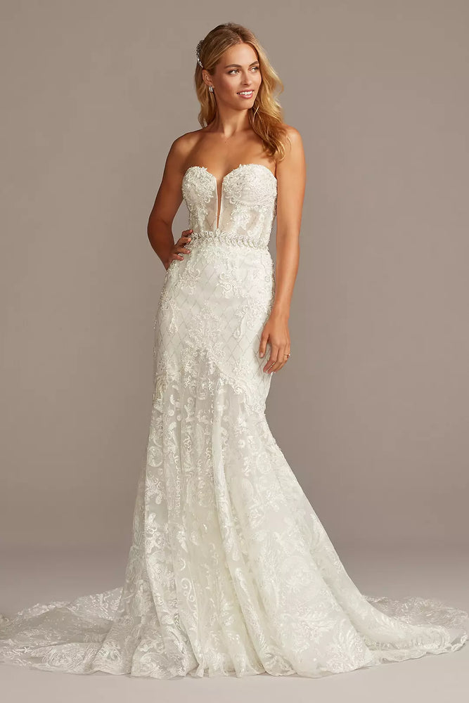 Beaded Brocade Embellished Mermaid Wedding Dress - Ivory