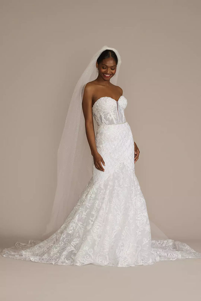 Beaded Brocade Embellished Mermaid Wedding Dress - White