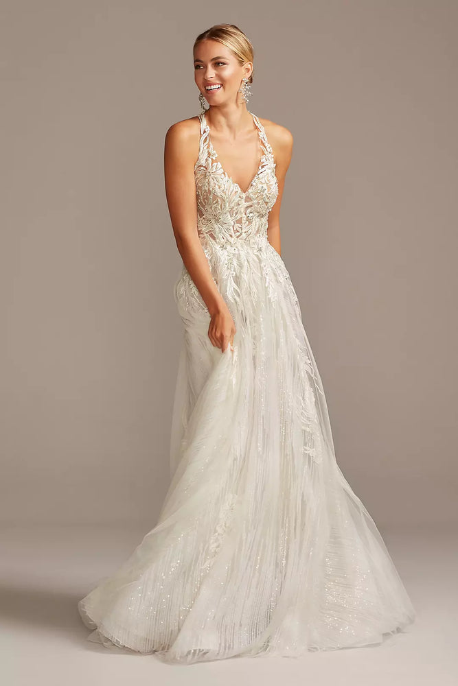 Floral Applique Open Back Halter Wedding Dress - Ivory