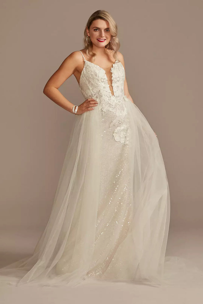 Sequin Applique Wedding Dress with Removable Train - Ivory