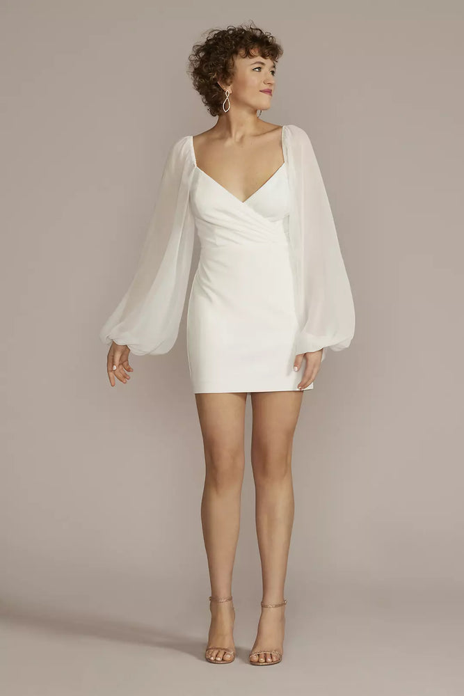 Long Sleeve Chiffon Sweetheart Mini A-Line - White