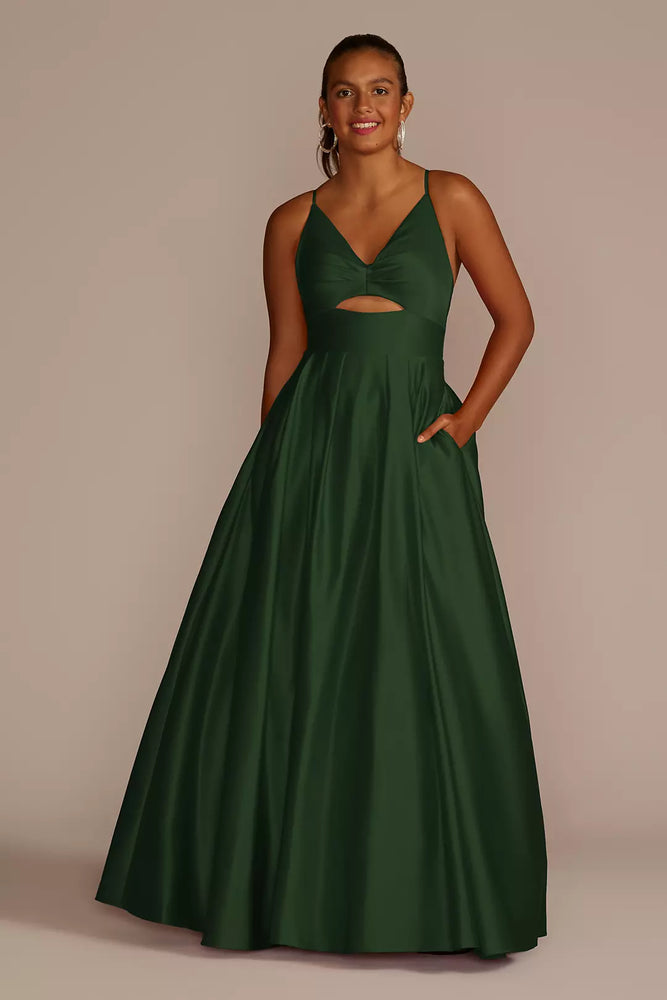 Long V-Neck Satin Ball Gown with Bodice Cutout - Green