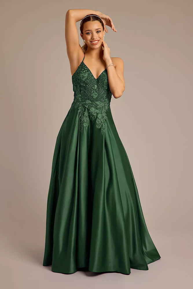 Satin Ball Gown with Illusion Applique Bodice - Green