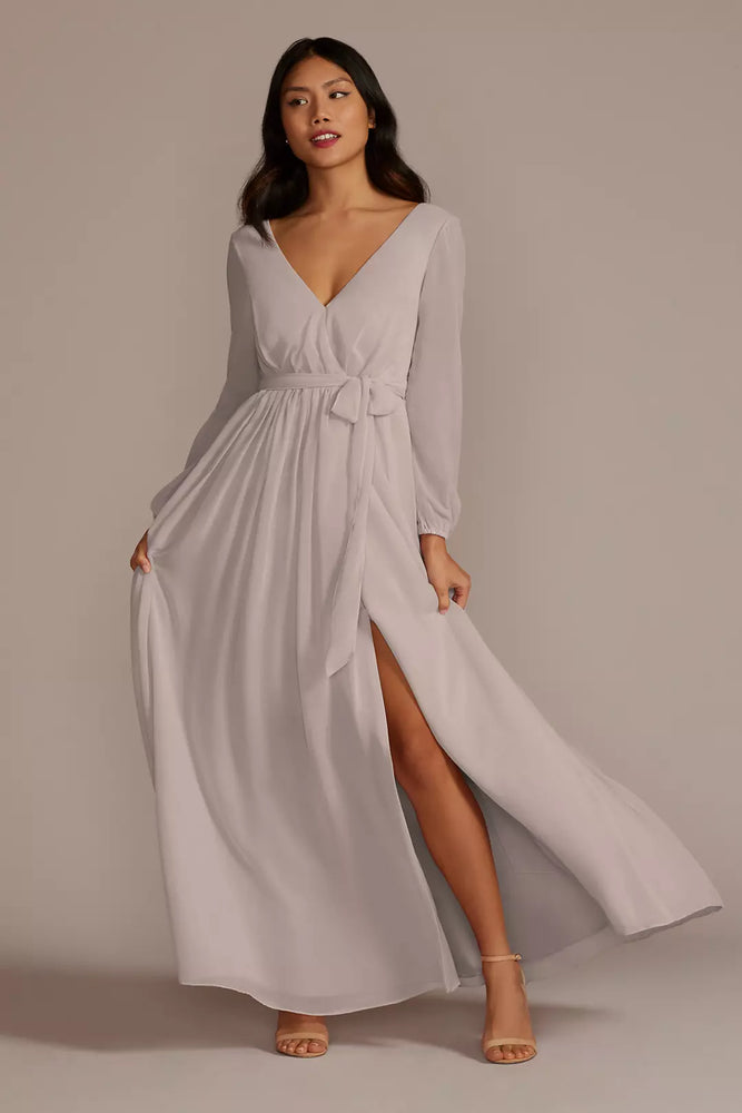 Tall Long Sleeve Chiffon Bridesmaid Dress (Extra Length) - Brown