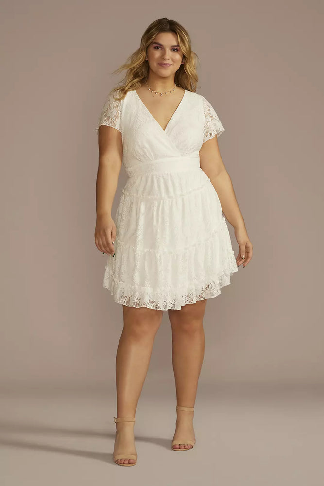 Short Flutter Sleeve Tiered Lace A-Line Dress - White