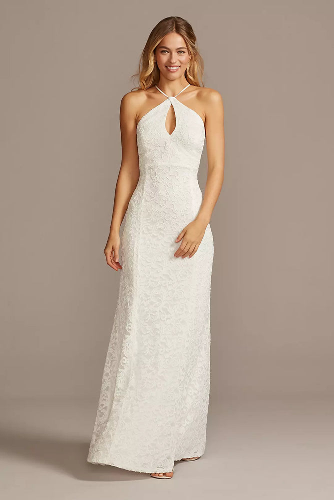 Halter Keyhole Lace Dress with Lace-Up Back - Ivory