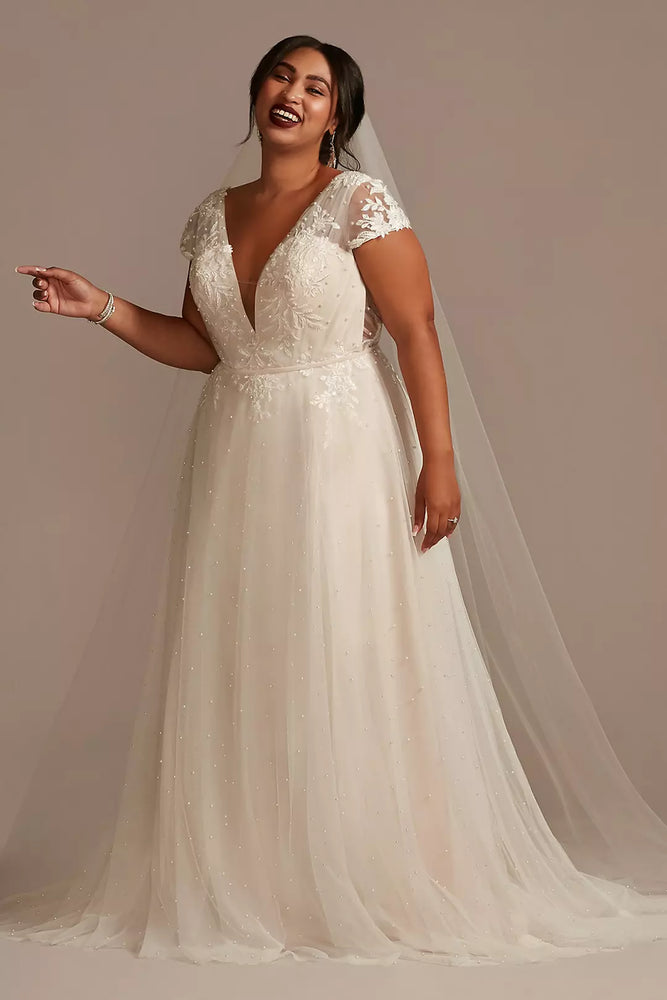 Cap Sleeve Pearly Low Back Plus Size Wedding Dress - Ivory