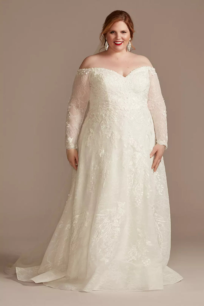 Leafy Lace Off Shoulder Plus Size Wedding Dress - Ivory