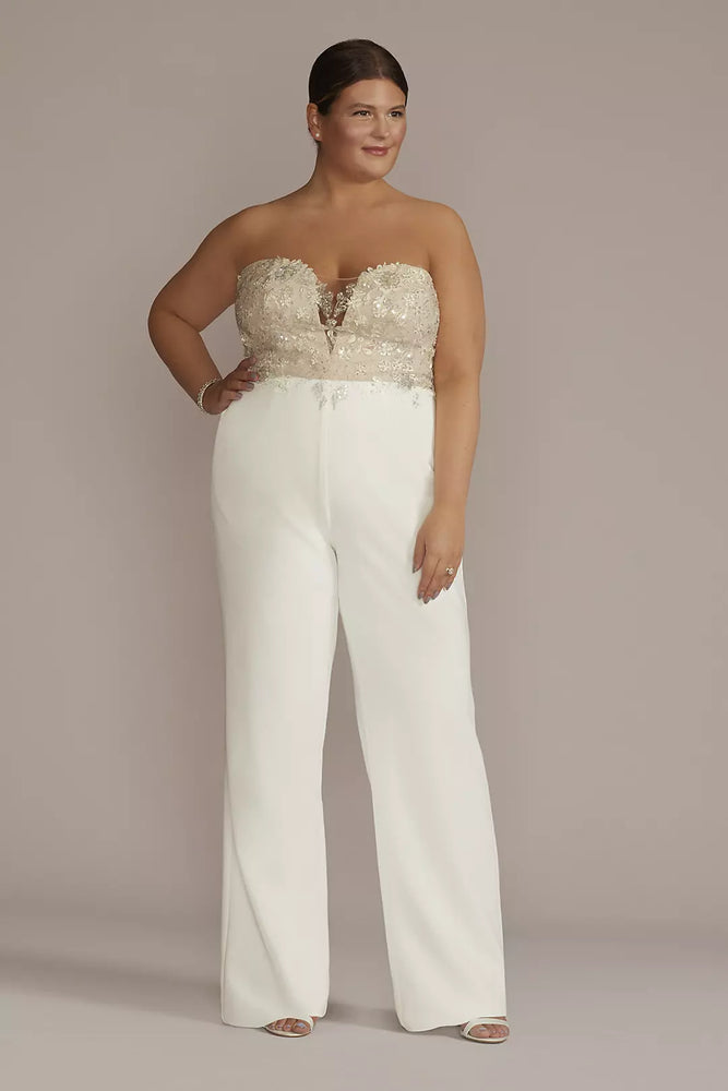 Strapless Beaded Bodice Plus Size Jumpsuit - Ivory