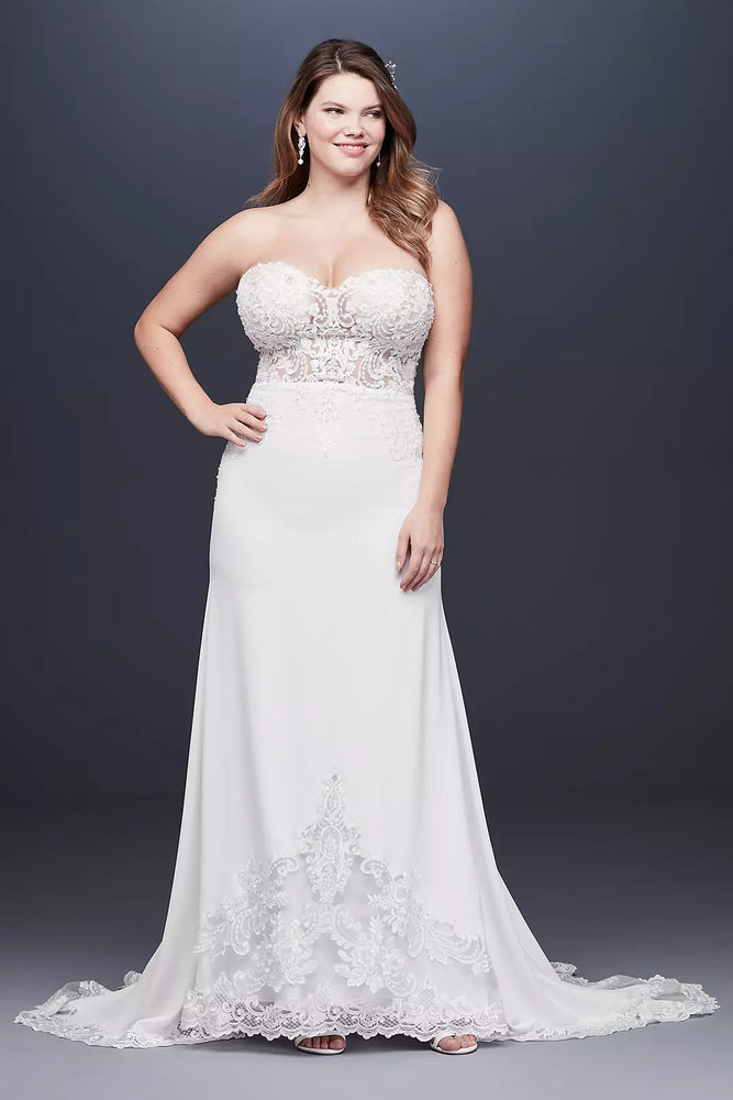 Lace Sheer Beaded Bodice Plus Size Wedding Dress - Ivory