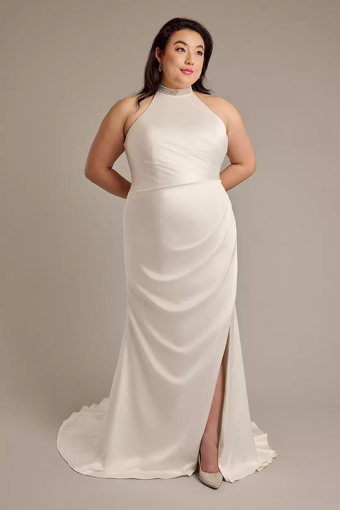 Crystal Halter Charmeuse Sheath Wedding Dress - Ivory