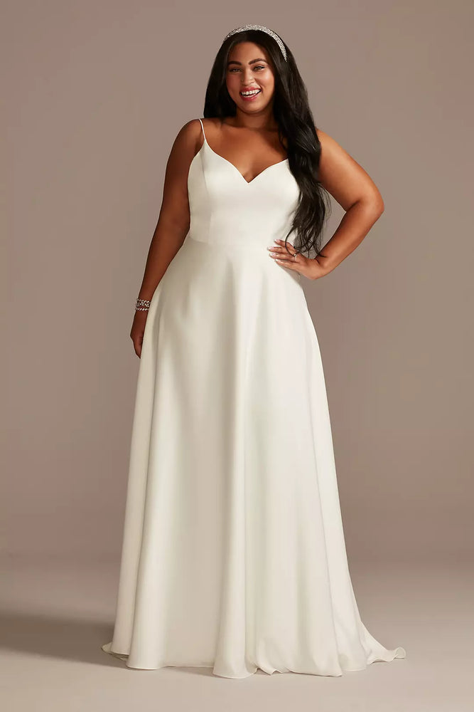 Beaded Back V-Neck Plus Size Satin Wedding Dress - Ivory