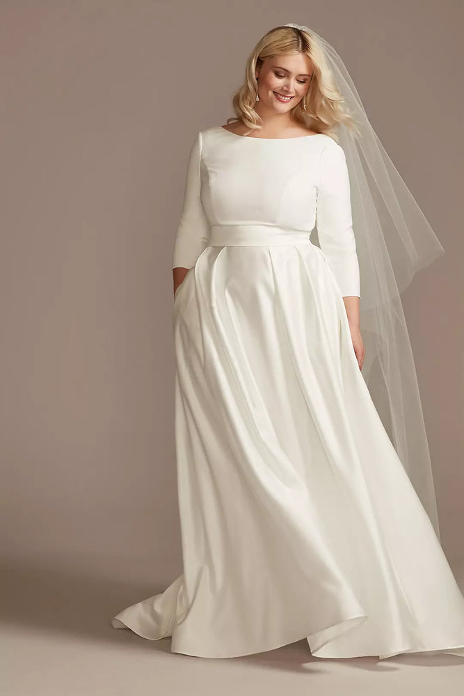 Low Back Mid-Sleeve Satin Plus Size Wedding Dress - Ivory