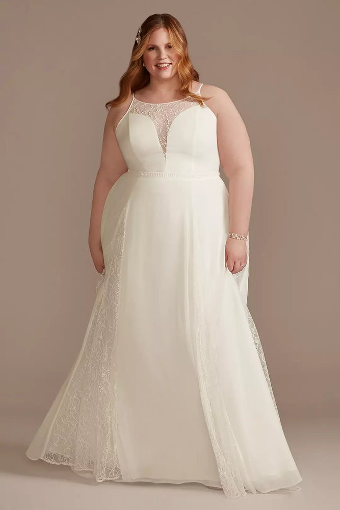 High Neck Lace Godet Plus Size Wedding Dress - Ivory