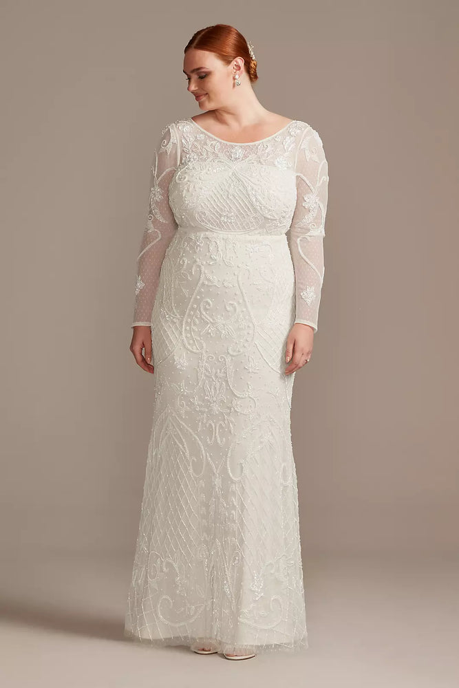 Allover Scroll Beaded Plus Size Long Sleeve Gown - Ivory