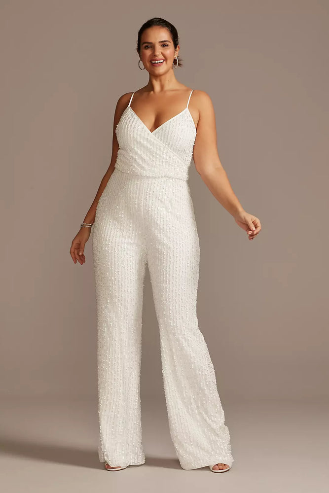 Sequin Spaghetti Strap Plus Size Jumpsuit - Ivory