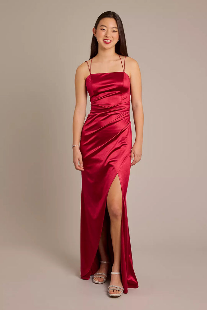 Double Strap Satin Square Neck Dress with Slit - Red