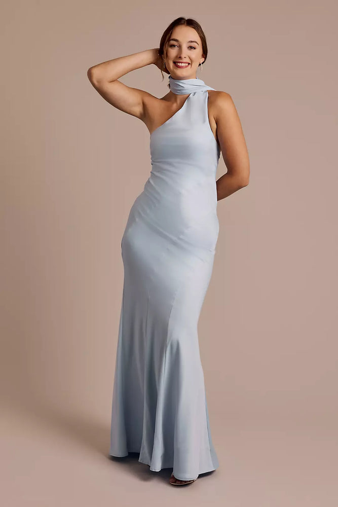 One-Shoulder Satin Scarf Slip Dress - Blue