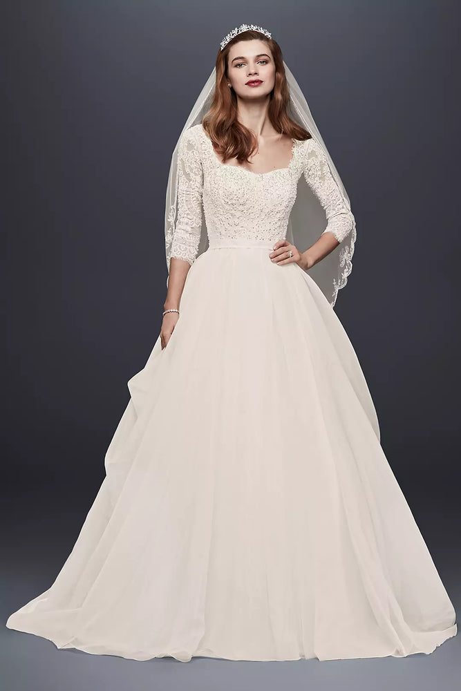 Oleg Cassini Organza 3/4 Sleeved Wedding Dress - Ivory