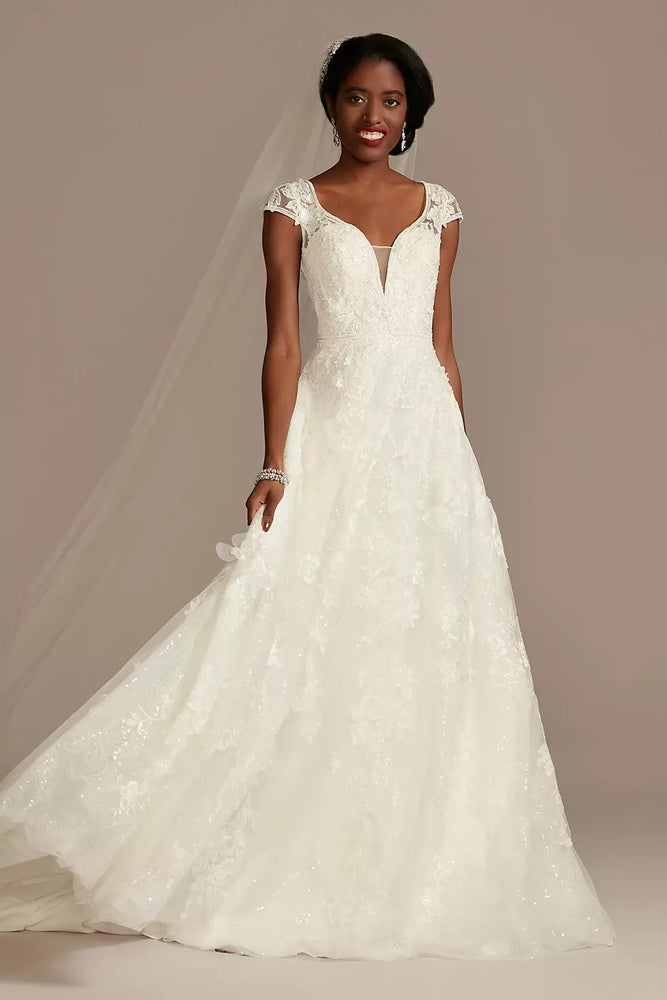 Cap Sleeve 3D Floral Lace Open Back Wedding Dress - Ivory