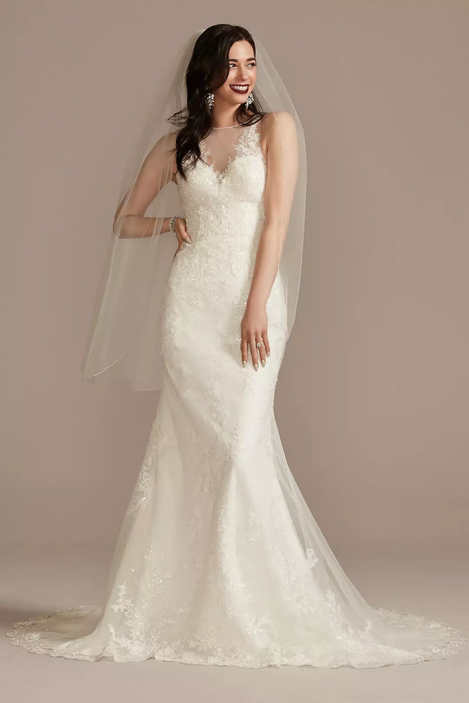 Buttoned Illusion Back Wedding Dress with Applique - Ivory